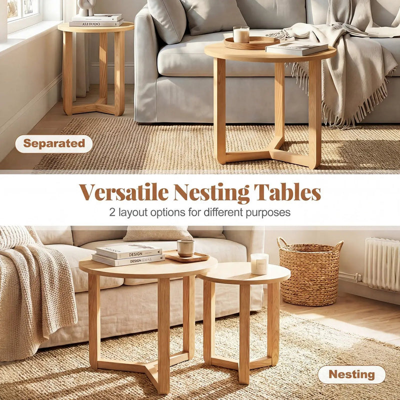 Round Nesting Coffee Table Set of 2 Wood Nesting End Tables with Thickened Top by DirectDeals