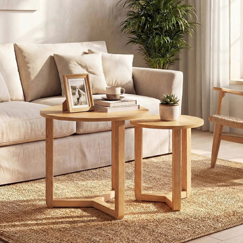 Round Nesting Coffee Table Set of 2 Wood Nesting End Tables with Thickened Top by DirectDeals