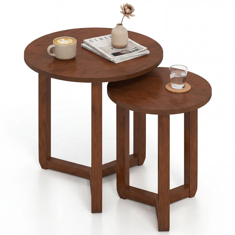 Round Nesting Coffee Table Set of 2 Wood Nesting End Tables with Thickened Top by DirectDeals