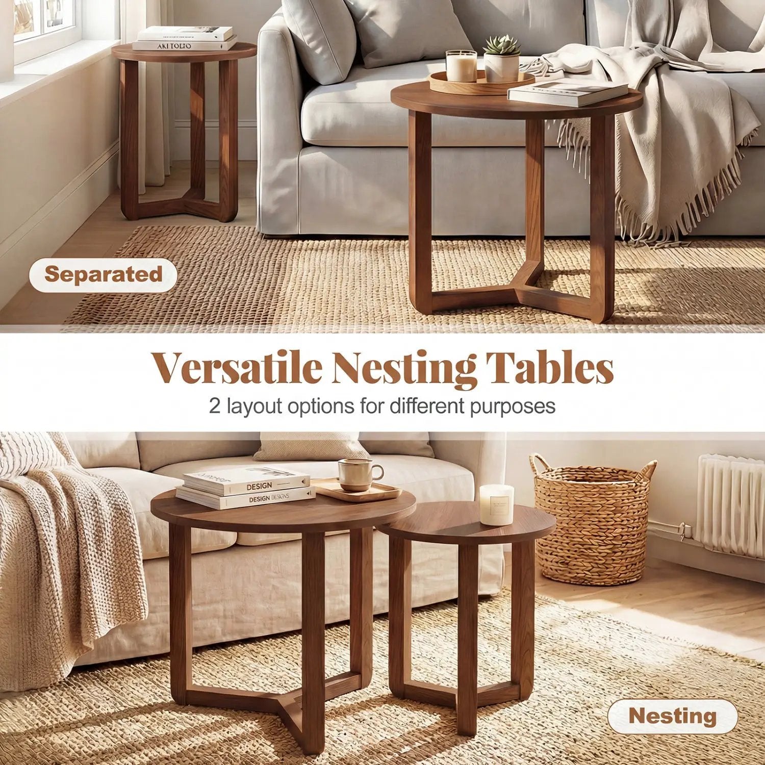 Round Nesting Coffee Table Set of 2 Wood Nesting End Tables with Thickened Top by DirectDeals