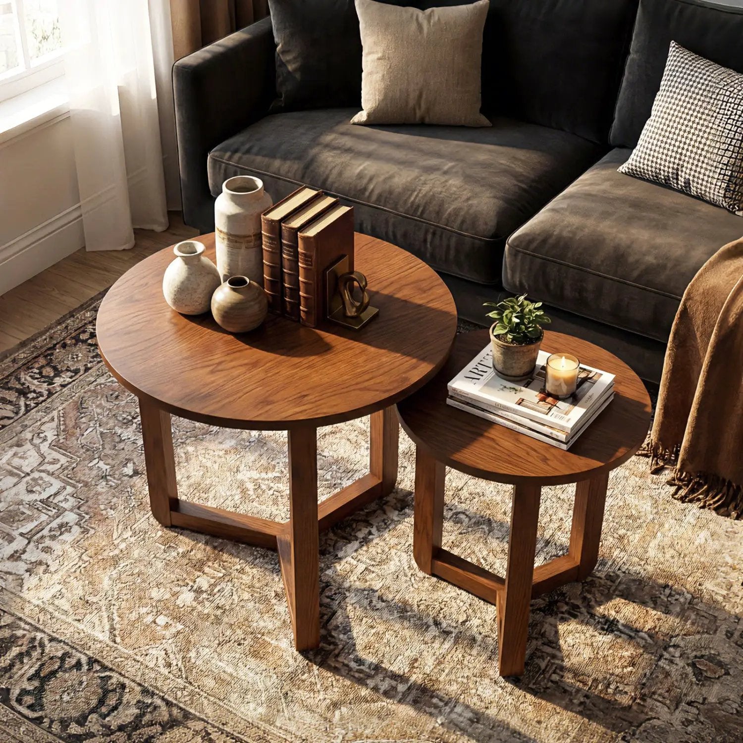 Round Nesting Coffee Table Set of 2 Wood Nesting End Tables with Thickened Top by DirectDeals