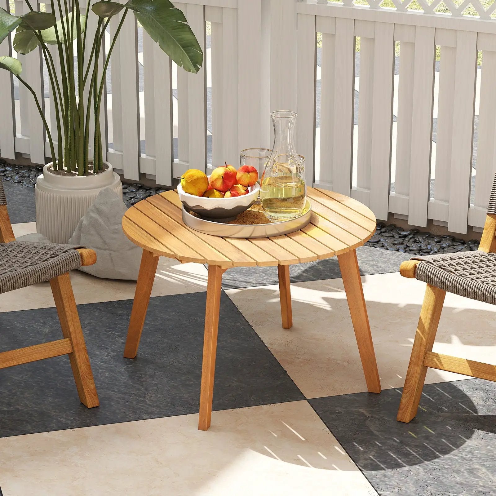 Round Outdoor Acacia Wood Side Table with Slatted Tabletop by DirectDeals