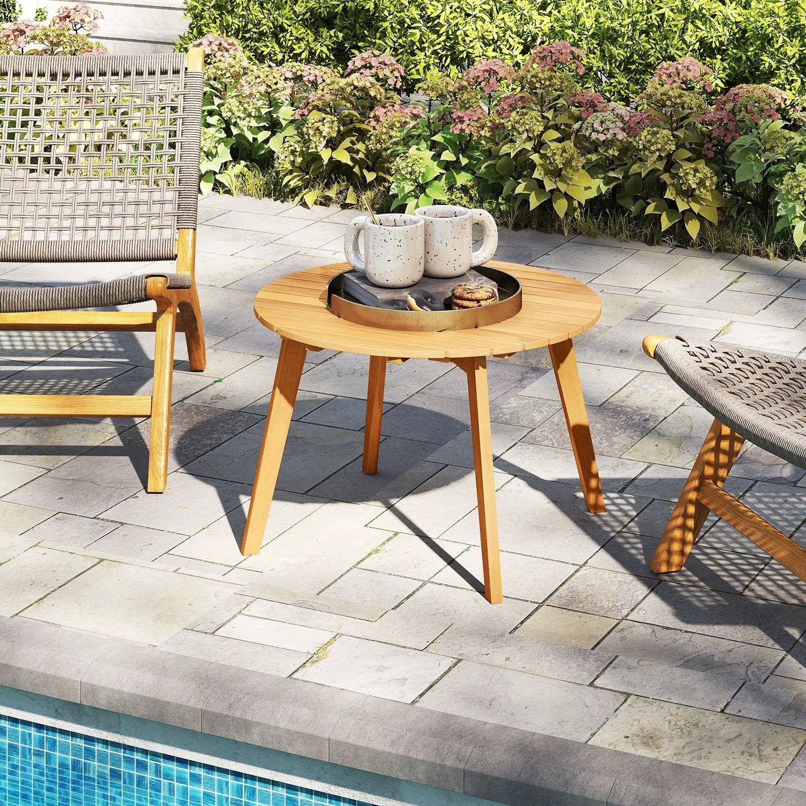 Round Outdoor Acacia Wood Side Table with Slatted Tabletop by DirectDeals