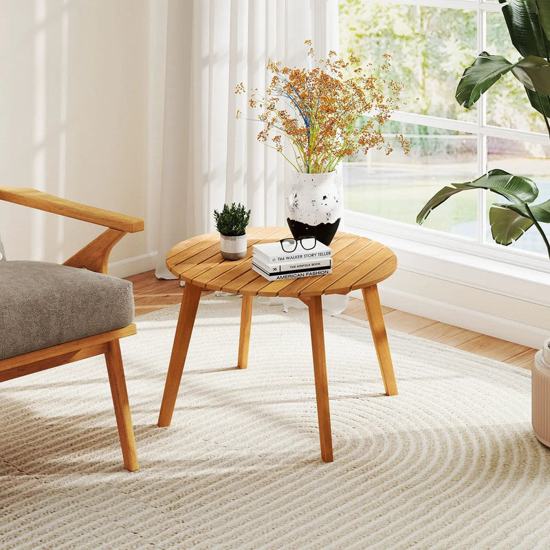 Round Outdoor Acacia Wood Side Table with Slatted Tabletop by DirectDeals