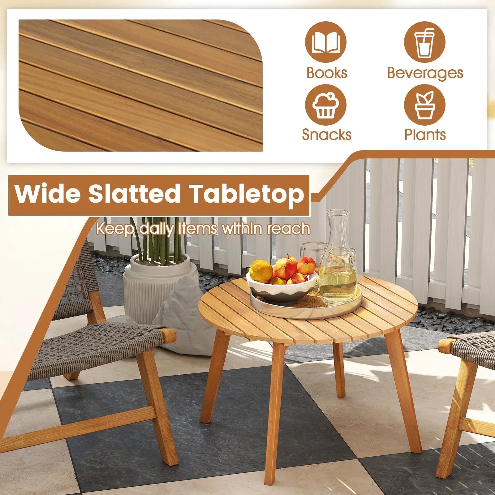Round Outdoor Acacia Wood Side Table with Slatted Tabletop by DirectDeals