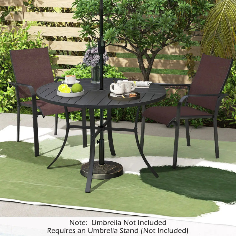Round Patio Dining Table 42.5 Inch Metal Slat Table with Umbrella Hole by DirectDeals