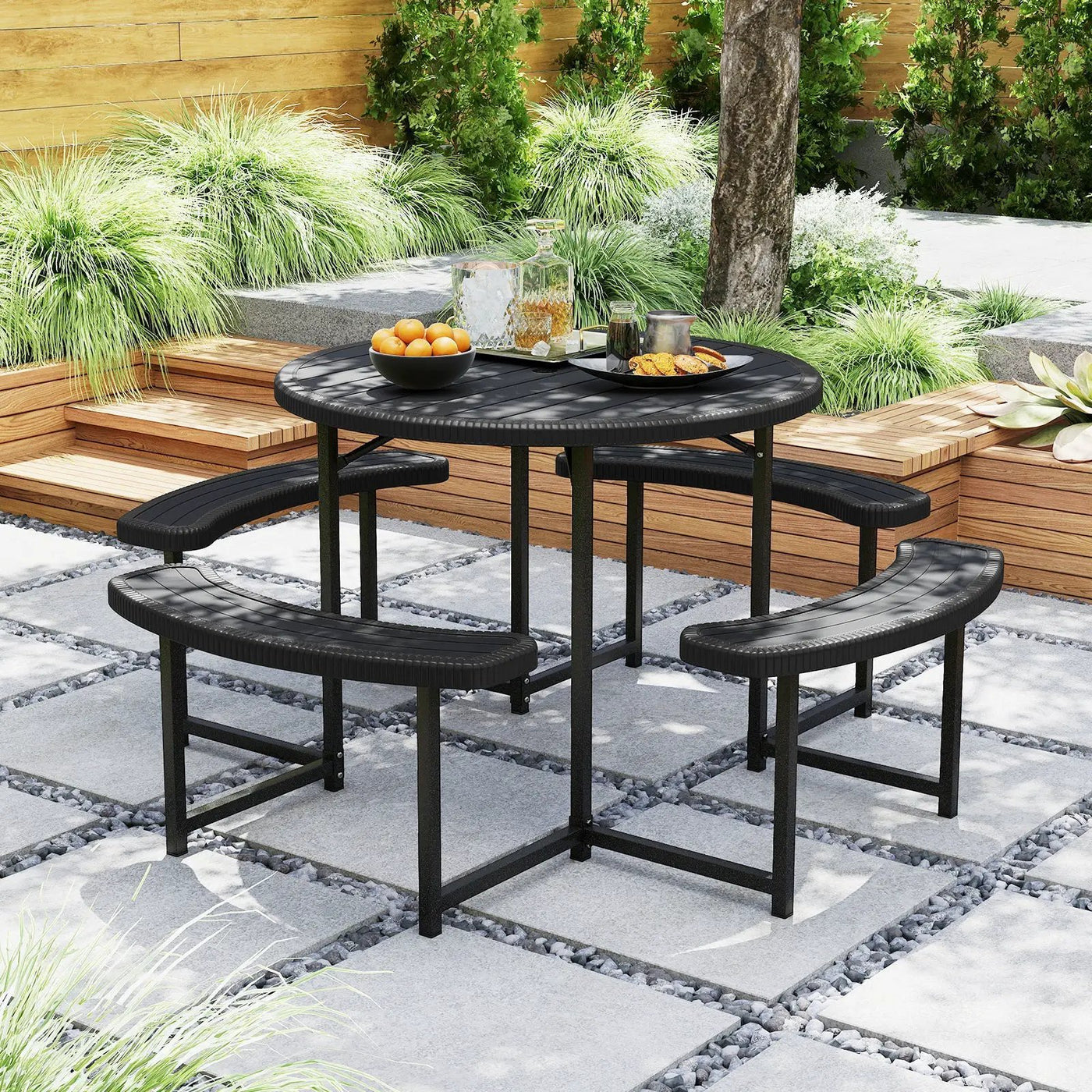 Round Picnic Table Bench Set with 4 Benches and Umbrella Hole for Patio Lawn by DirectDeals
