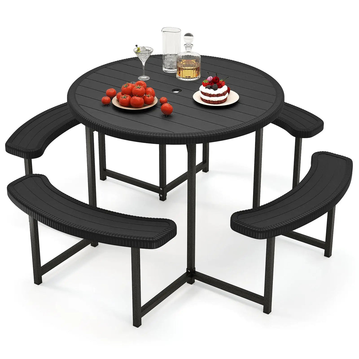 Round Picnic Table Bench Set with 4 Benches and Umbrella Hole for Patio Lawn by DirectDeals