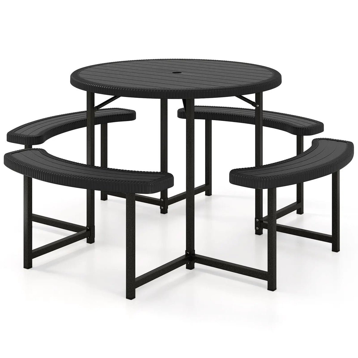 Round Picnic Table Bench Set with 4 Benches and Umbrella Hole for Patio Lawn by DirectDeals
