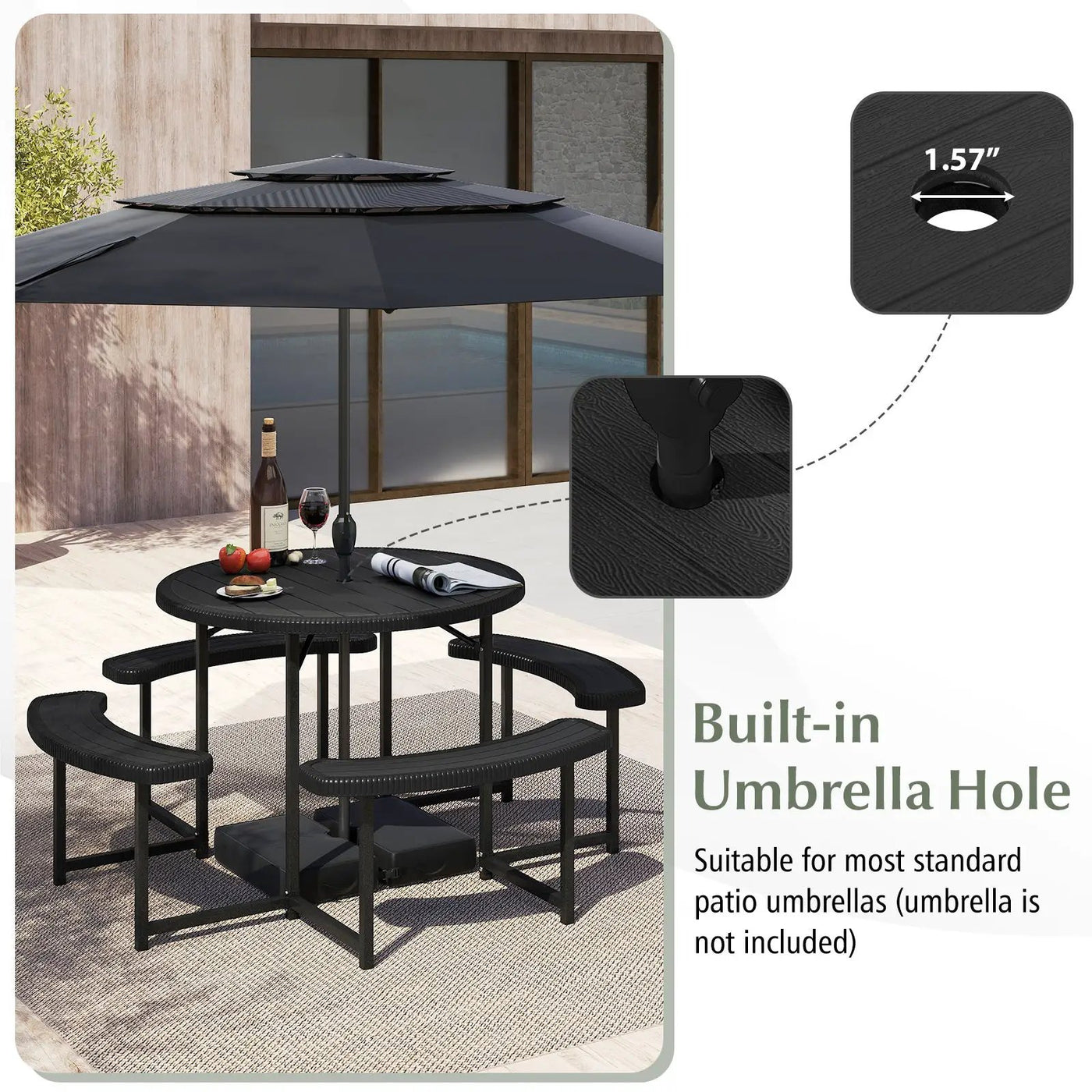 Round Picnic Table Bench Set with 4 Benches and Umbrella Hole for Patio Lawn by DirectDeals