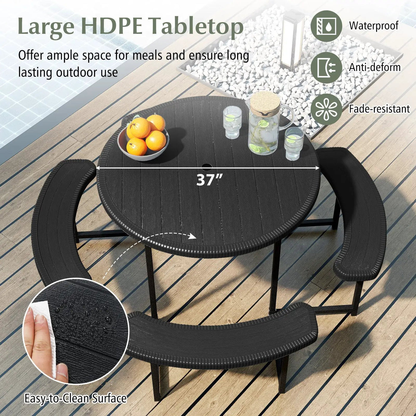 Round Picnic Table Bench Set with 4 Benches and Umbrella Hole for Patio Lawn by DirectDeals