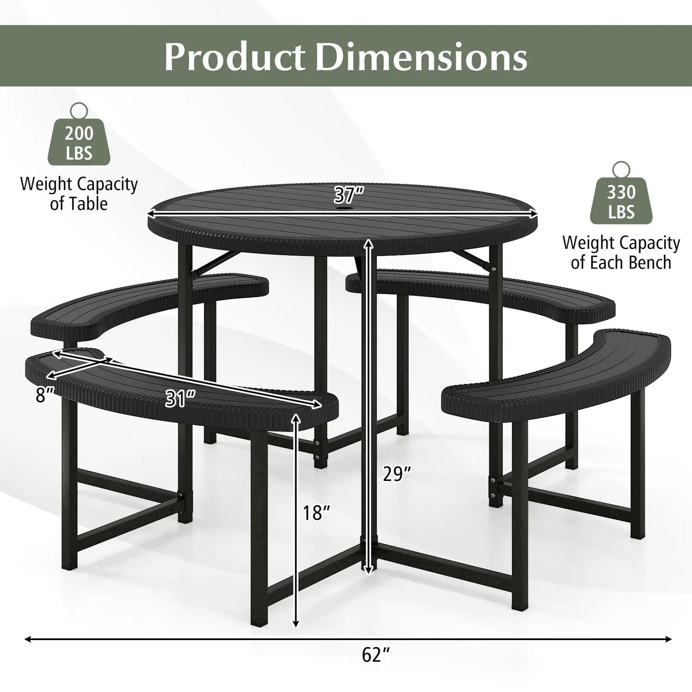 Round Picnic Table Bench Set with 4 Benches and Umbrella Hole for Patio Lawn by DirectDeals