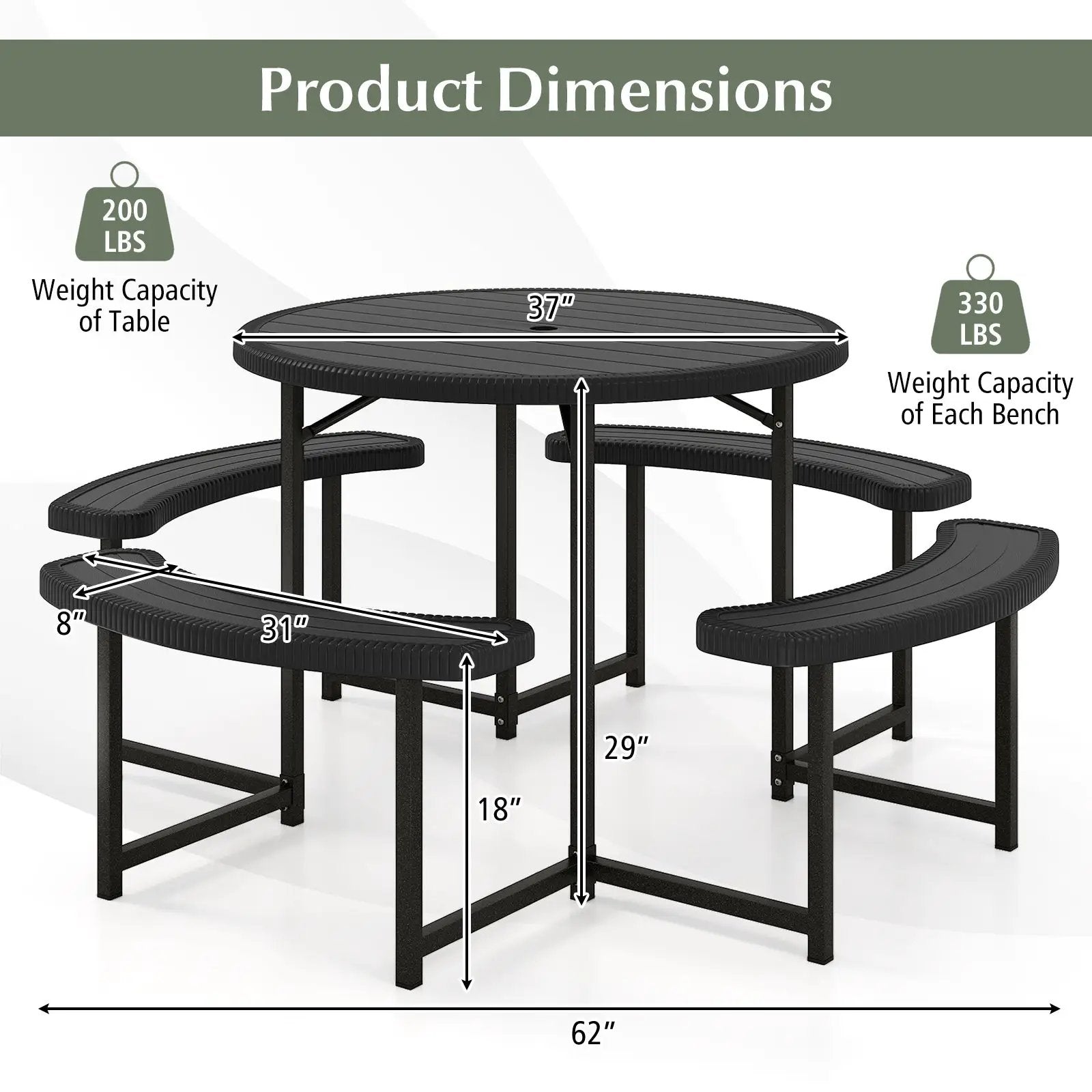 Round Picnic Table Bench Set with 4 Benches and Umbrella Hole for Patio Lawn by DirectDeals