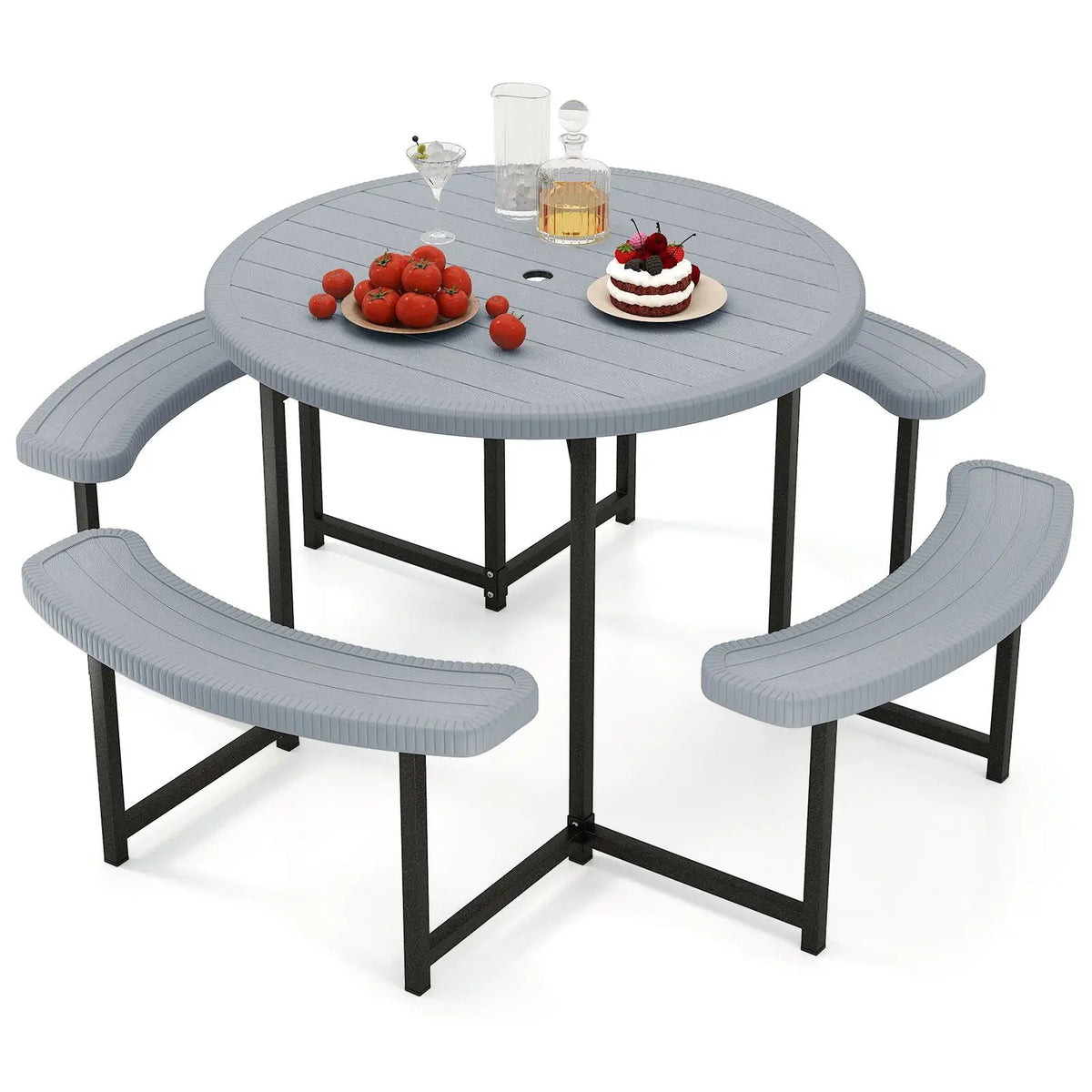 Round Picnic Table Bench Set with 4 Benches and Umbrella Hole for Patio Lawn by DirectDeals