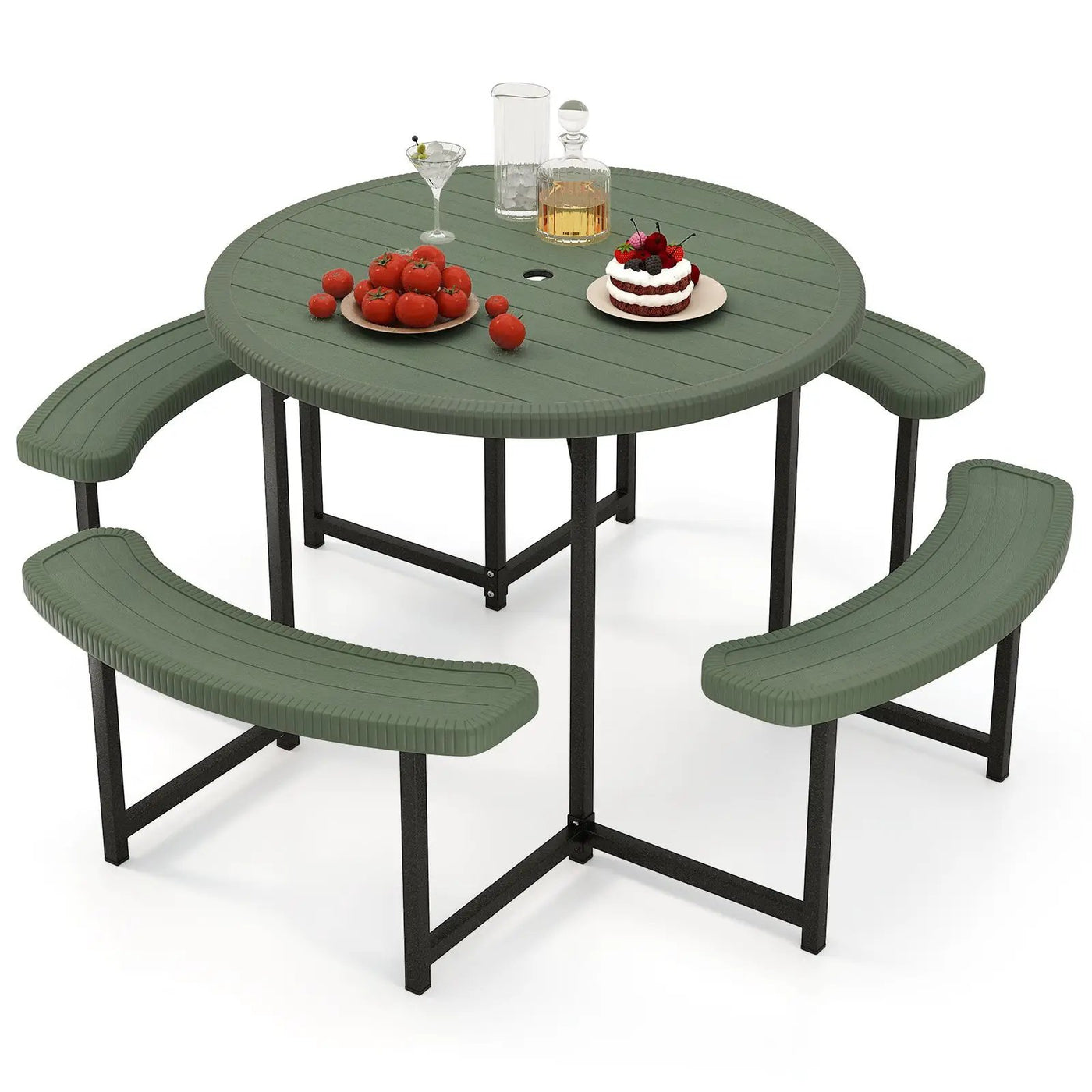 Round Picnic Table Bench Set with 4 Benches and Umbrella Hole for Patio Lawn by DirectDeals
