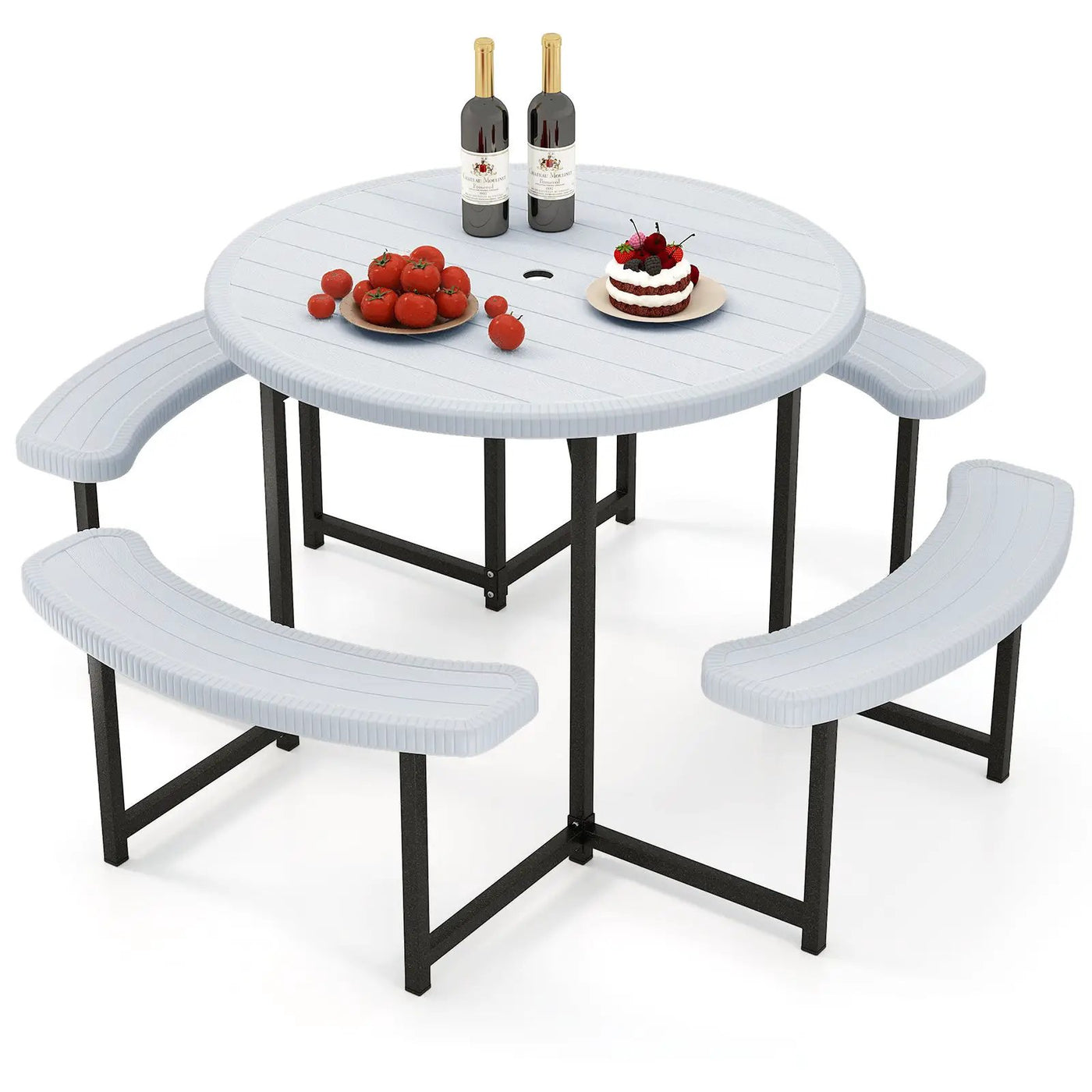 Round Picnic Table Bench Set with 4 Benches and Umbrella Hole for Patio Lawn by DirectDeals