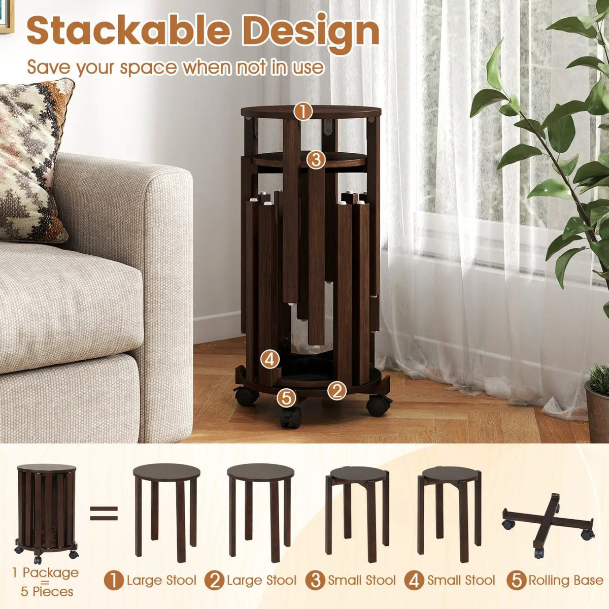Round Portable Wood Nesting Stools with Locking Casters by DirectDeals