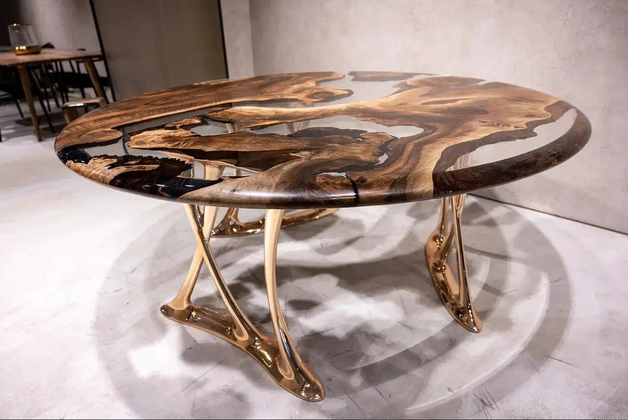 Luxury Round Walnut Dining Table with Rose Gold Aluminum Legs by Gizz