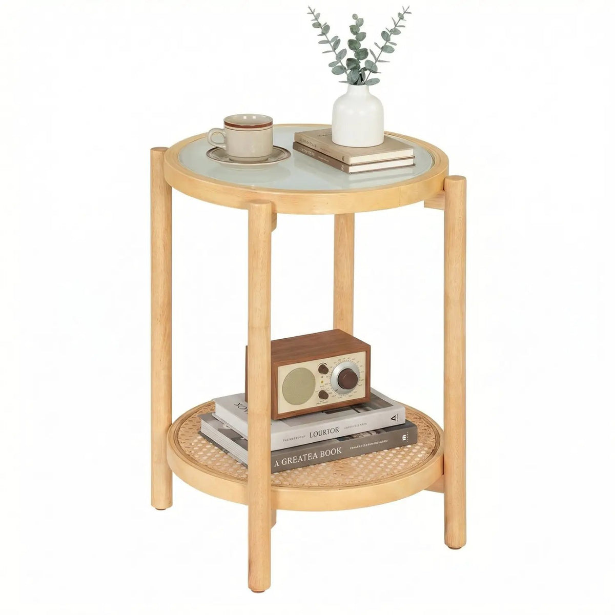 Round Side Table 2-Tier Boho End Table with Tempered Glass Top by DirectDeals