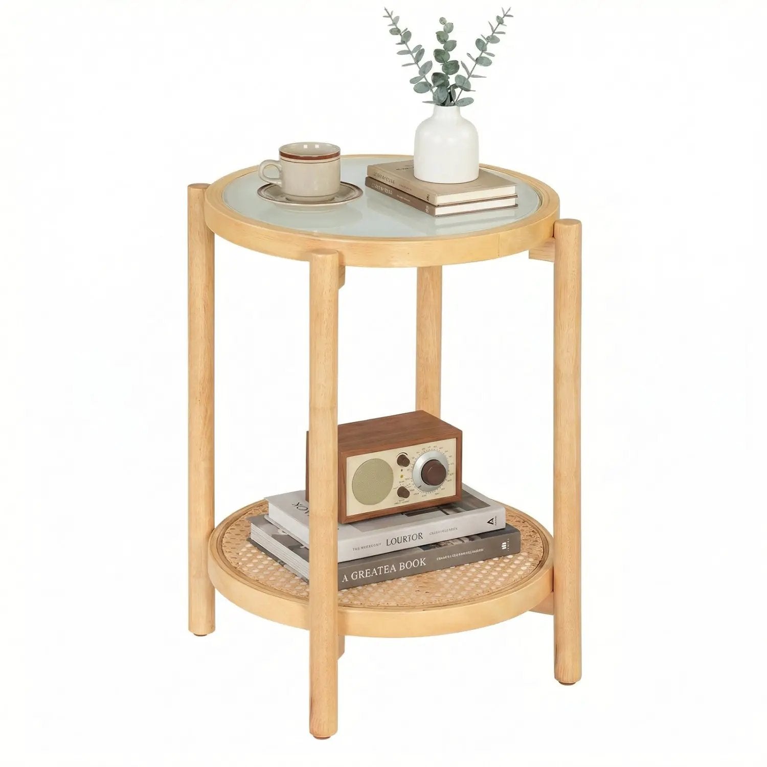 Round Side Table 2-Tier Boho End Table with Tempered Glass Top by DirectDeals