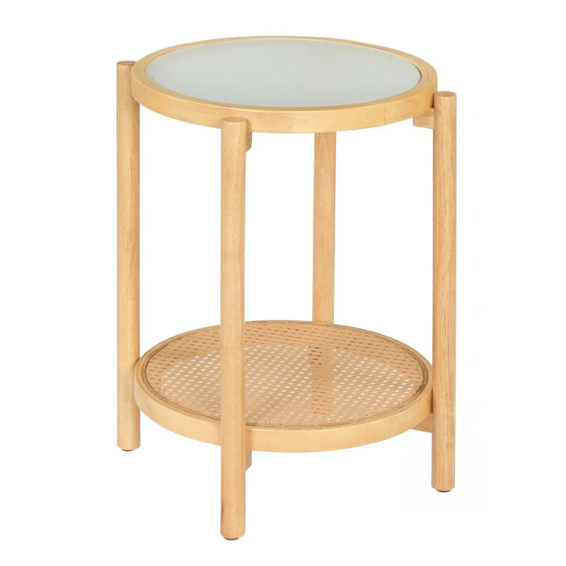 Round Side Table 2-Tier Boho End Table with Tempered Glass Top by DirectDeals