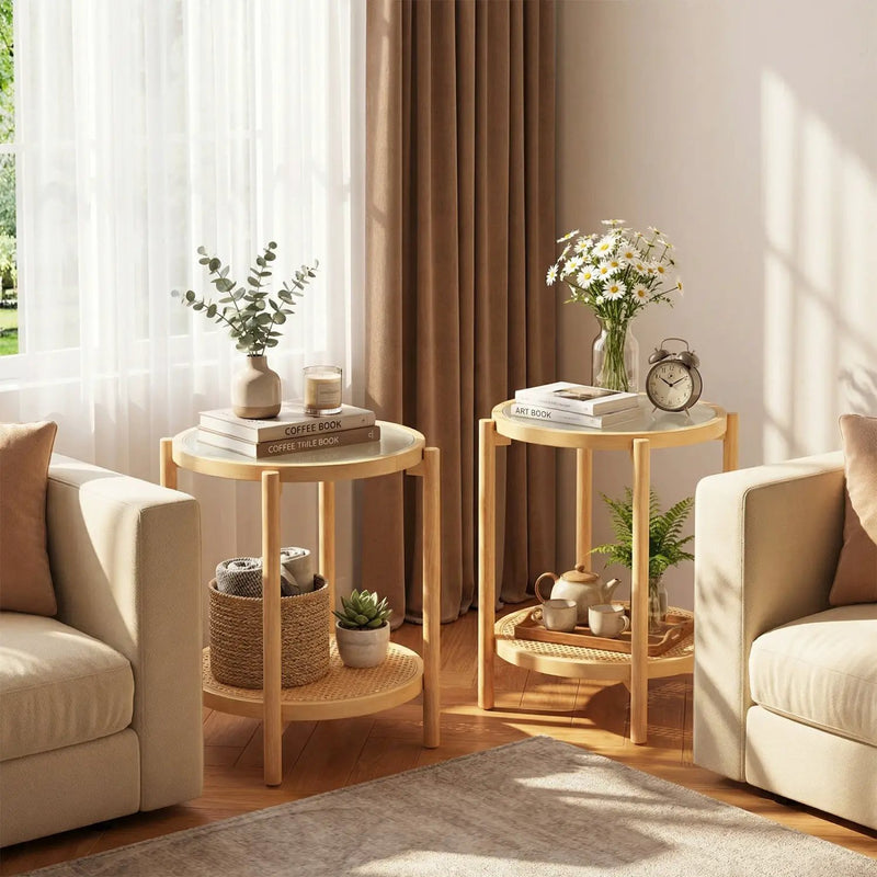 Round Side Table 2-Tier Boho End Table with Tempered Glass Top by DirectDeals