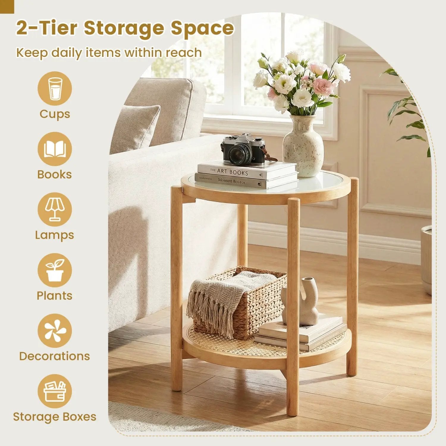 Round Side Table 2-Tier Boho End Table with Tempered Glass Top by DirectDeals