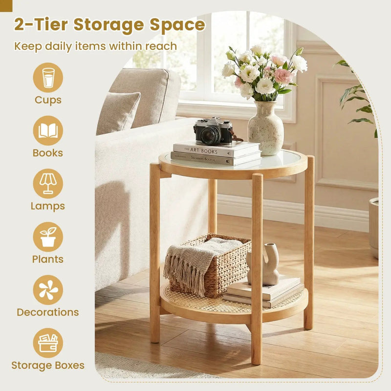 Round Side Table 2-Tier Boho End Table with Tempered Glass Top by DirectDeals