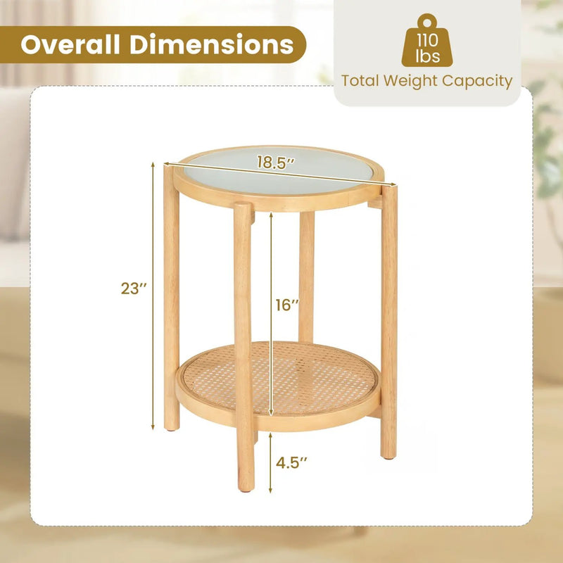 Round Side Table 2-Tier Boho End Table with Tempered Glass Top by DirectDeals