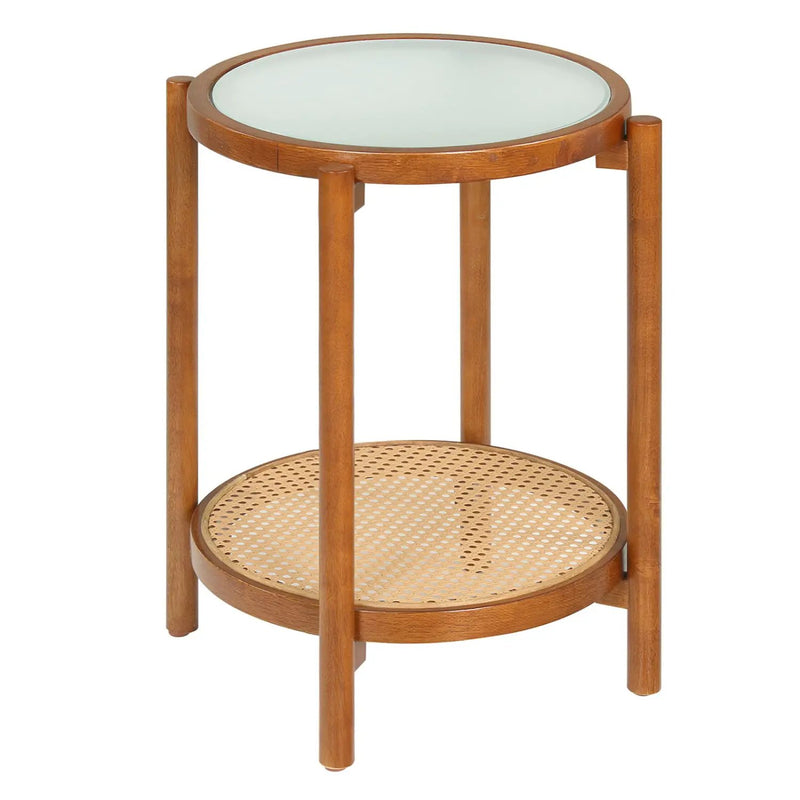Round Side Table 2-Tier Boho End Table with Tempered Glass Top by DirectDeals