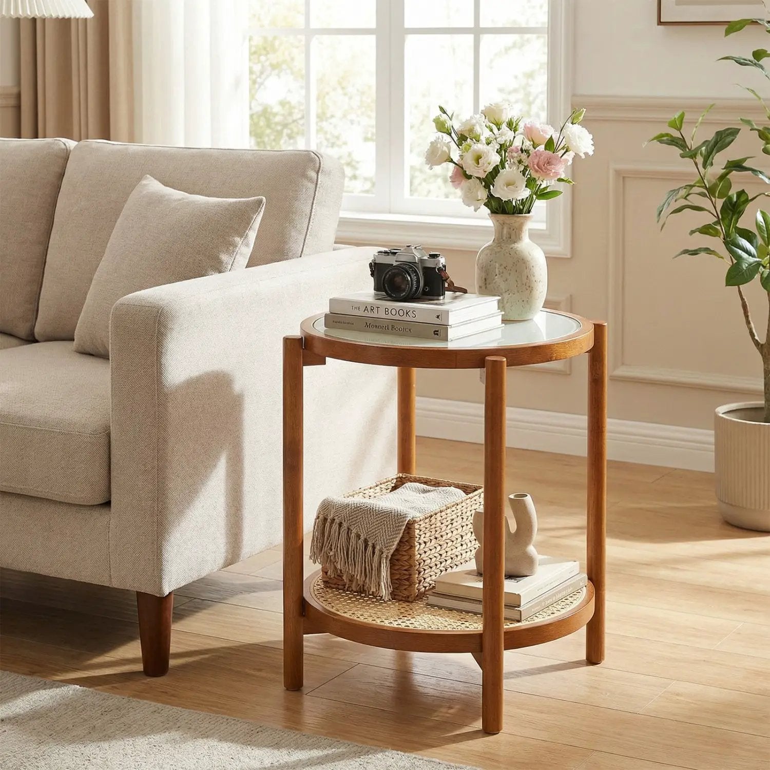 Round Side Table 2-Tier Boho End Table with Tempered Glass Top by DirectDeals