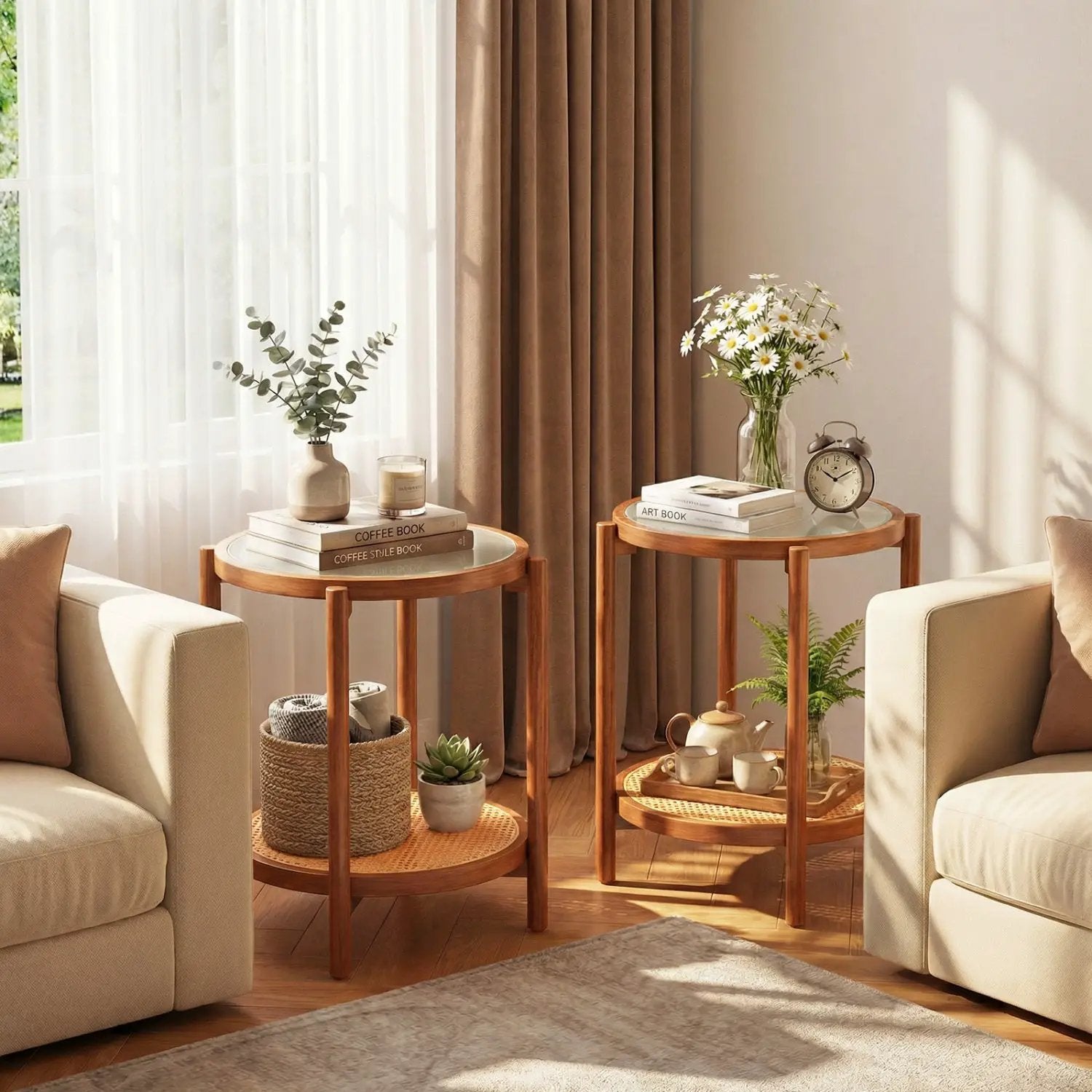 Round Side Table 2-Tier Boho End Table with Tempered Glass Top by DirectDeals