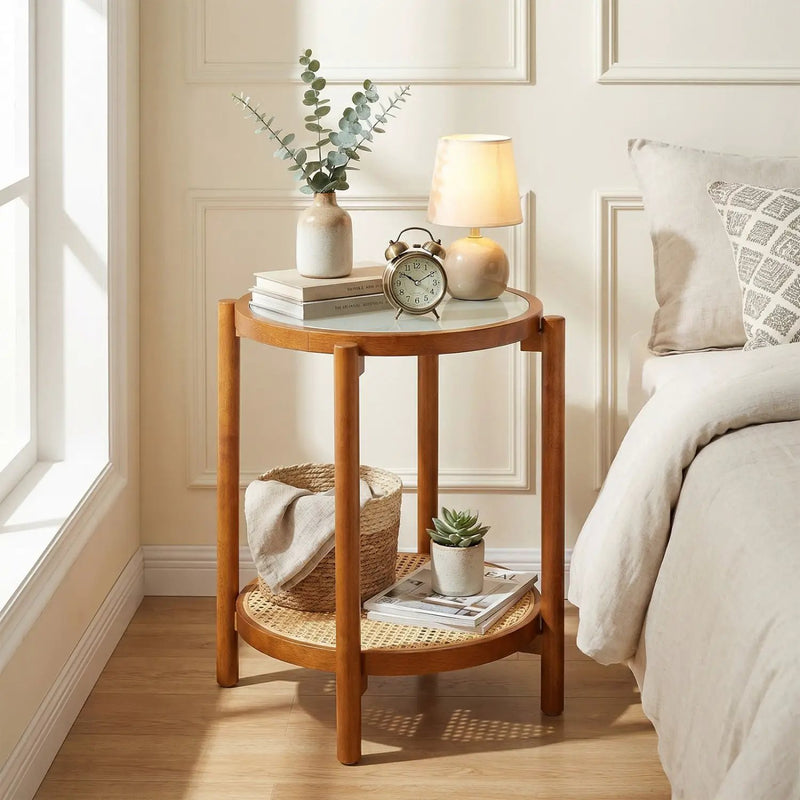 Round Side Table 2-Tier Boho End Table with Tempered Glass Top by DirectDeals
