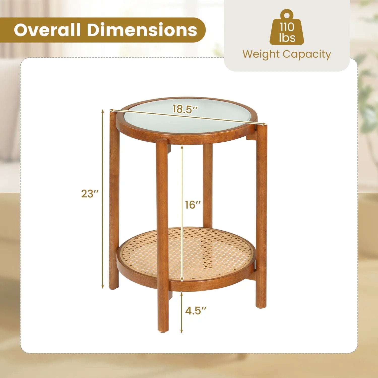 Round Side Table 2-Tier Boho End Table with Tempered Glass Top by DirectDeals