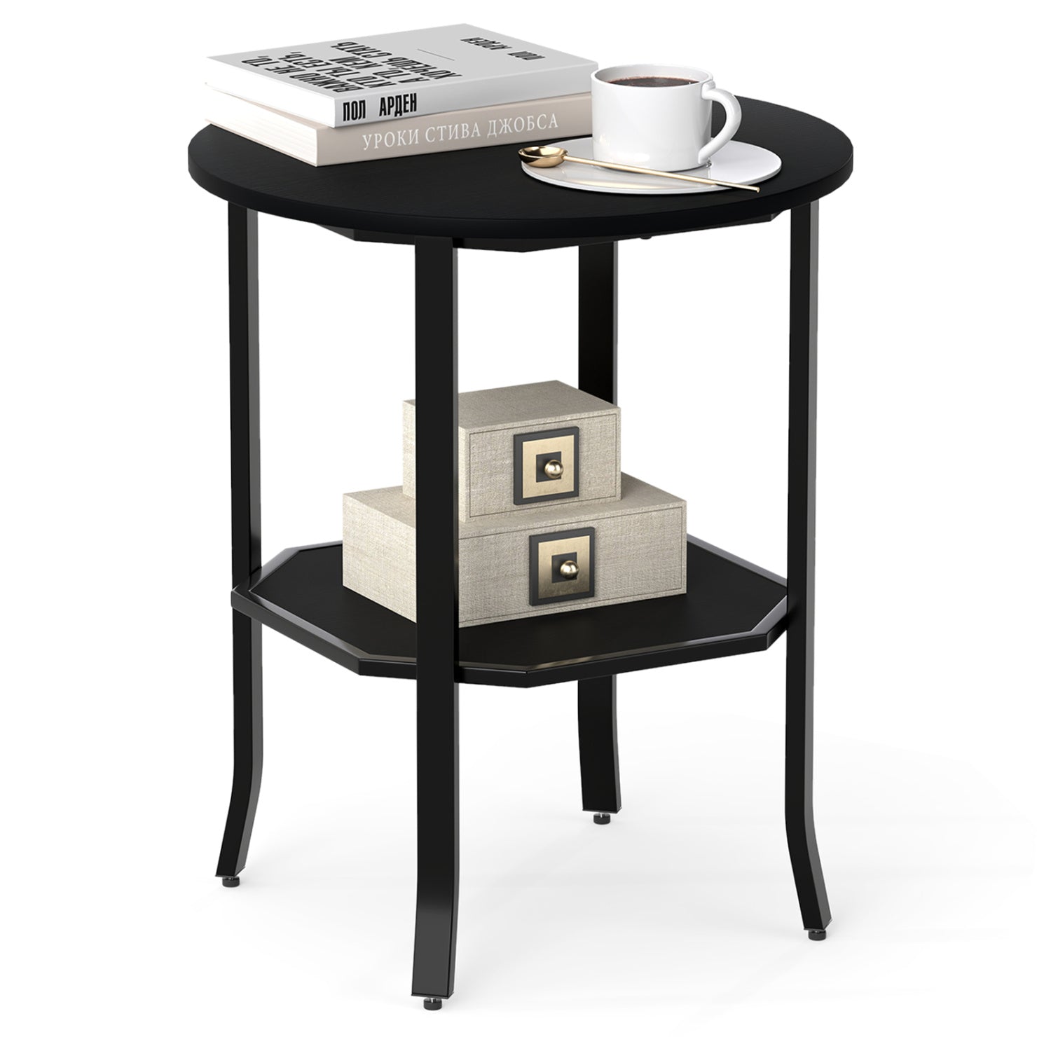 Round Side Table Small End Table with Storage Shelf 2-Tier Nightstand for Small Space by DirectDeals