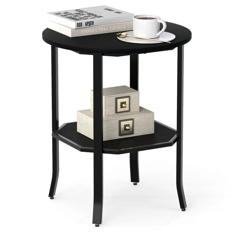 Round Side Table Small End Table with Storage Shelf 2-Tier Nightstand for Small Space by DirectDeals