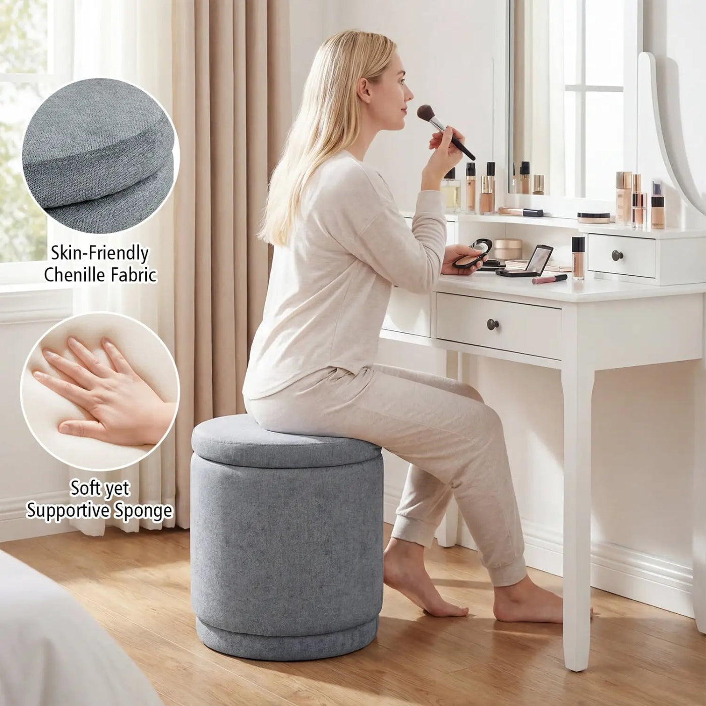 Round Storage Ottoman Foot Rest with Removable Lid and Acacia Wood Frame by DirectDeals