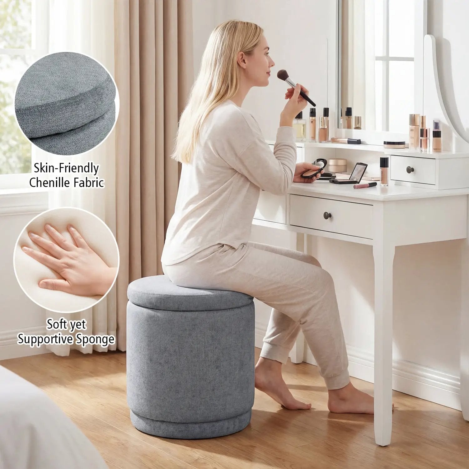 Round Storage Ottoman Foot Rest with Removable Lid and Acacia Wood Frame by DirectDeals