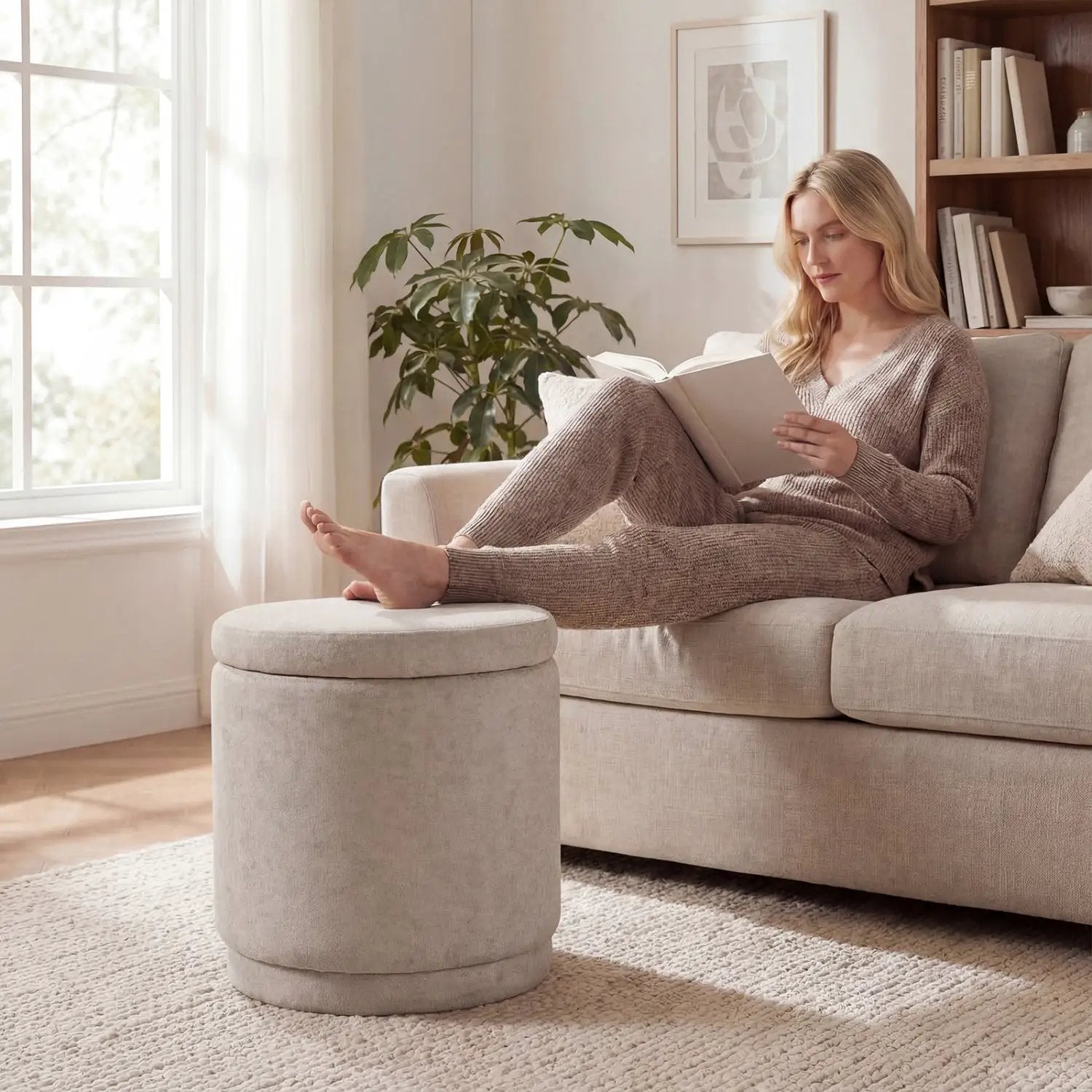 Round Storage Ottoman Foot Rest with Removable Lid and Acacia Wood Frame by DirectDeals