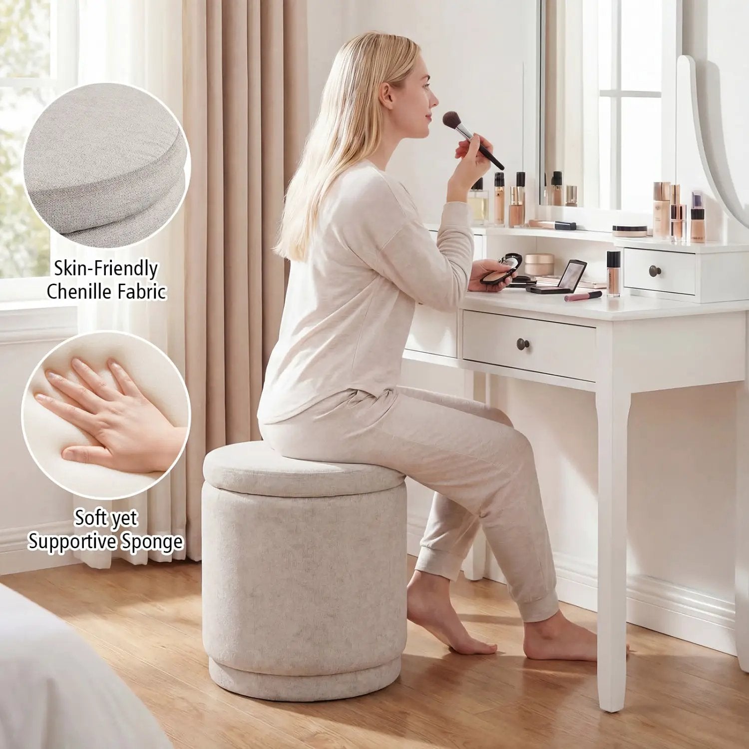 Round Storage Ottoman Foot Rest with Removable Lid and Acacia Wood Frame by DirectDeals