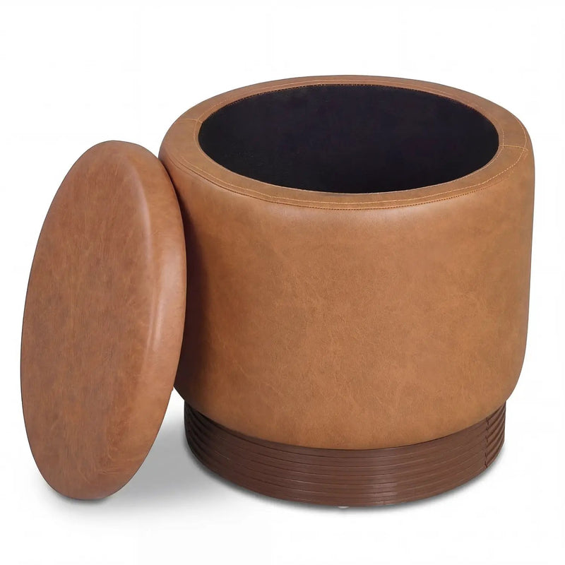 Round Storage Ottoman with Acacia Wood Frame for Living Room and Bedroom by DirectDeals