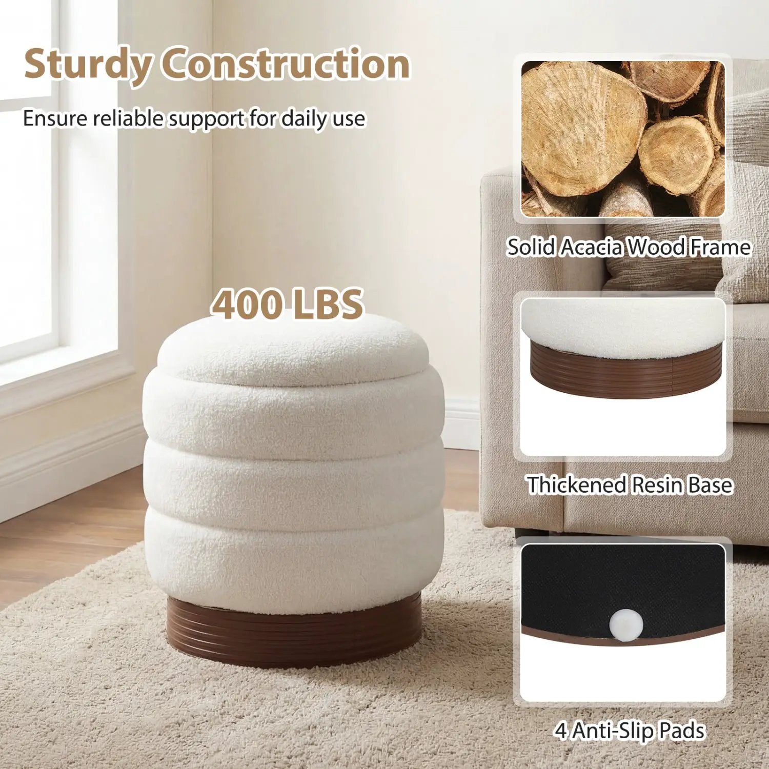 Round Storage Ottoman with Acacia Wood Frame for Living Room by DirectDeals