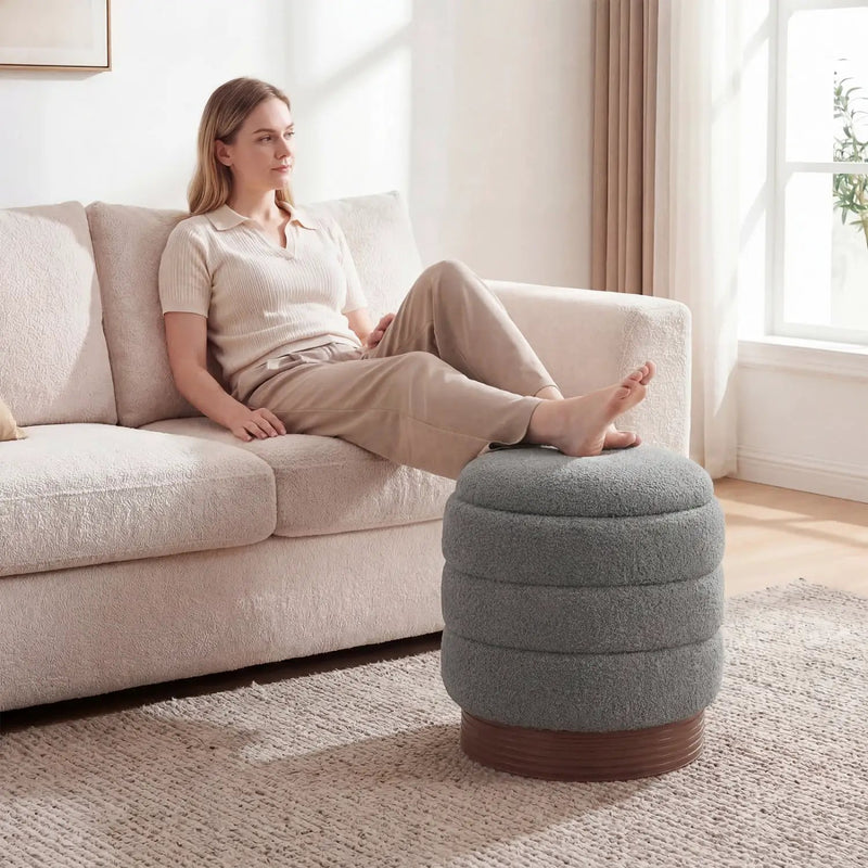 Round Storage Ottoman with Acacia Wood Frame for Living Room by DirectDeals