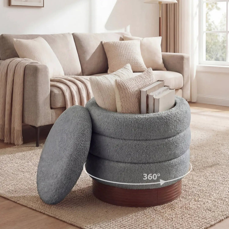 Round Storage Ottoman with Acacia Wood Frame for Living Room by DirectDeals