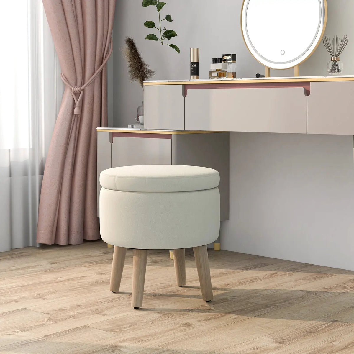 Round Storage Ottoman with Rubber Wood Legs and Adjustable Foot Pads by DirectDeals
