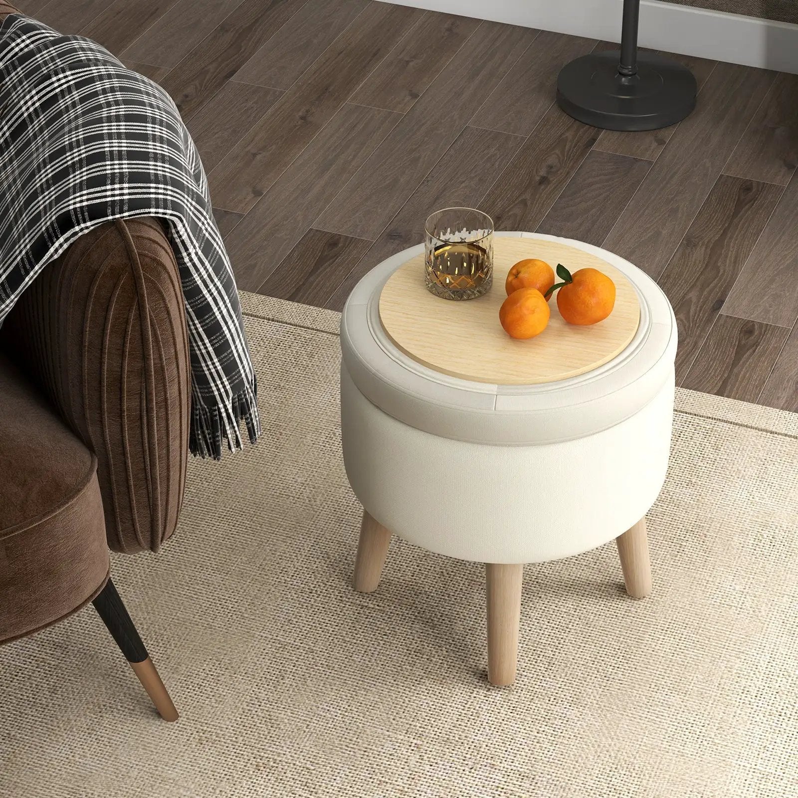 Round Storage Ottoman with Rubber Wood Legs and Adjustable Foot Pads by DirectDeals