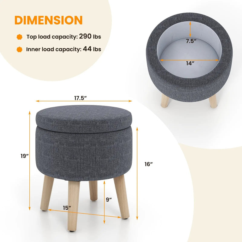 Round Storage Ottoman with Rubber Wood Legs and Adjustable Foot Pads by DirectDeals