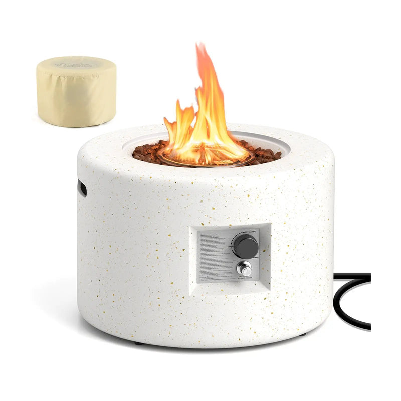 Round Terrazzo Propane Gas Fire Pit with Hideaway Tank Holder and Lava Rocks by DirectDeals