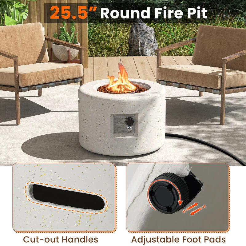 Round Terrazzo Propane Gas Fire Pit with Hideaway Tank Holder and Lava Rocks by DirectDeals