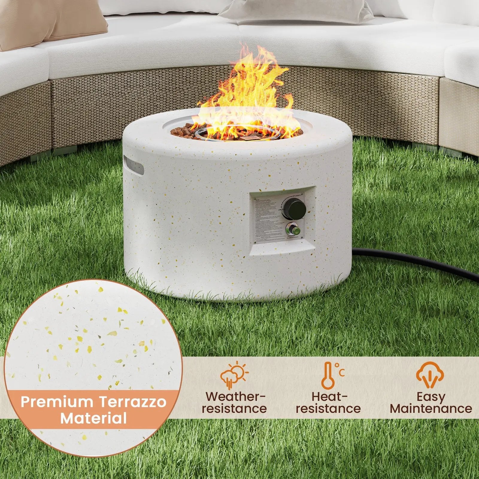 Round Terrazzo Propane Gas Fire Pit with Hideaway Tank Holder and Lava Rocks by DirectDeals